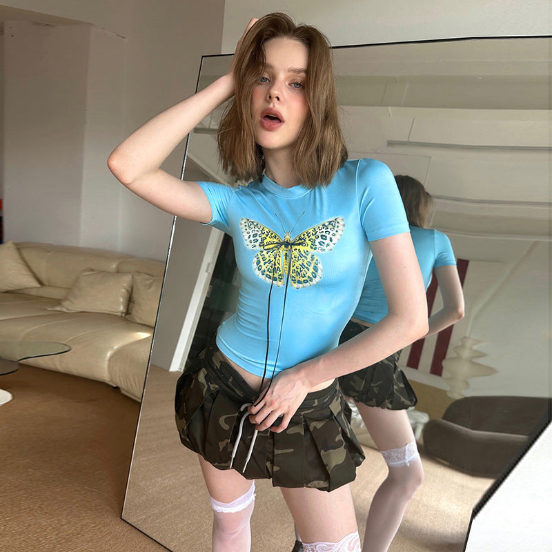 Damen Basic T-Shirt mit lebendigem Schmetterlingsdruck und verstellbarem Kordelzug Echo Archiv