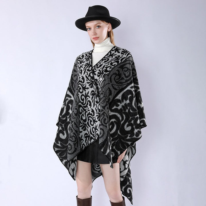 Damen Oversize-Kimono-Poncho im Jacquardstrick mit ornamentalem Muster und V-Ausschnitt Echo Archiv
