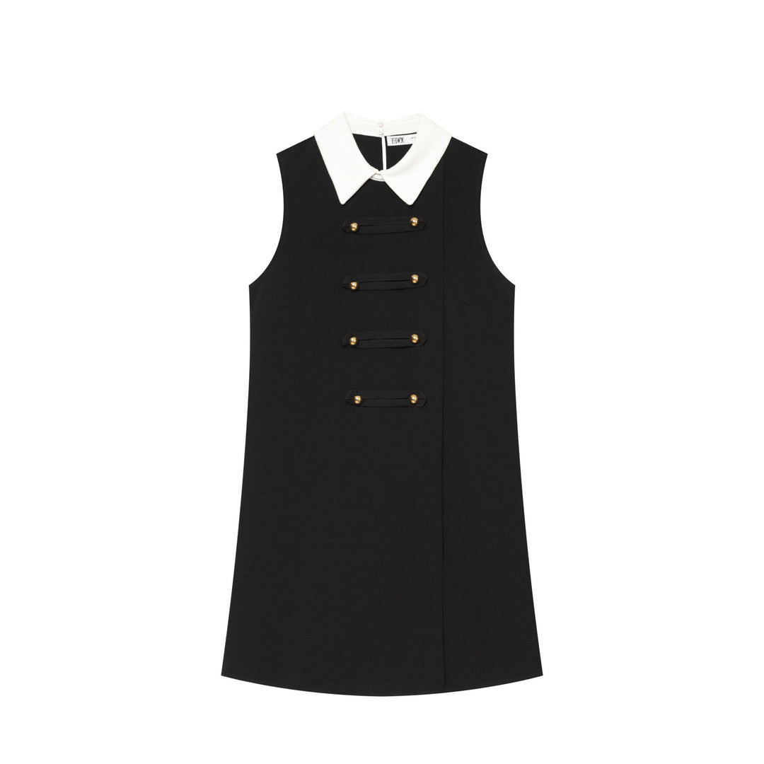 Damen Ärmelloses A‑Linien‑Minikleid mit kontrastierendem Hemdkragen und dekorativen Zierknopfleisten Echoarchiv