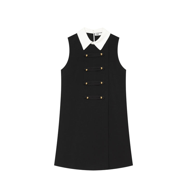 Damen Ärmelloses A‑Linien‑Minikleid mit kontrastierendem Hemdkragen und dekorativen Zierknopfleisten Echoarchiv