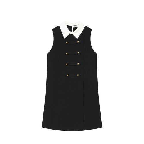 Damen Ärmelloses A‑Linien‑Minikleid mit kontrastierendem Hemdkragen und dekorativen Zierknopfleisten Echoarchiv