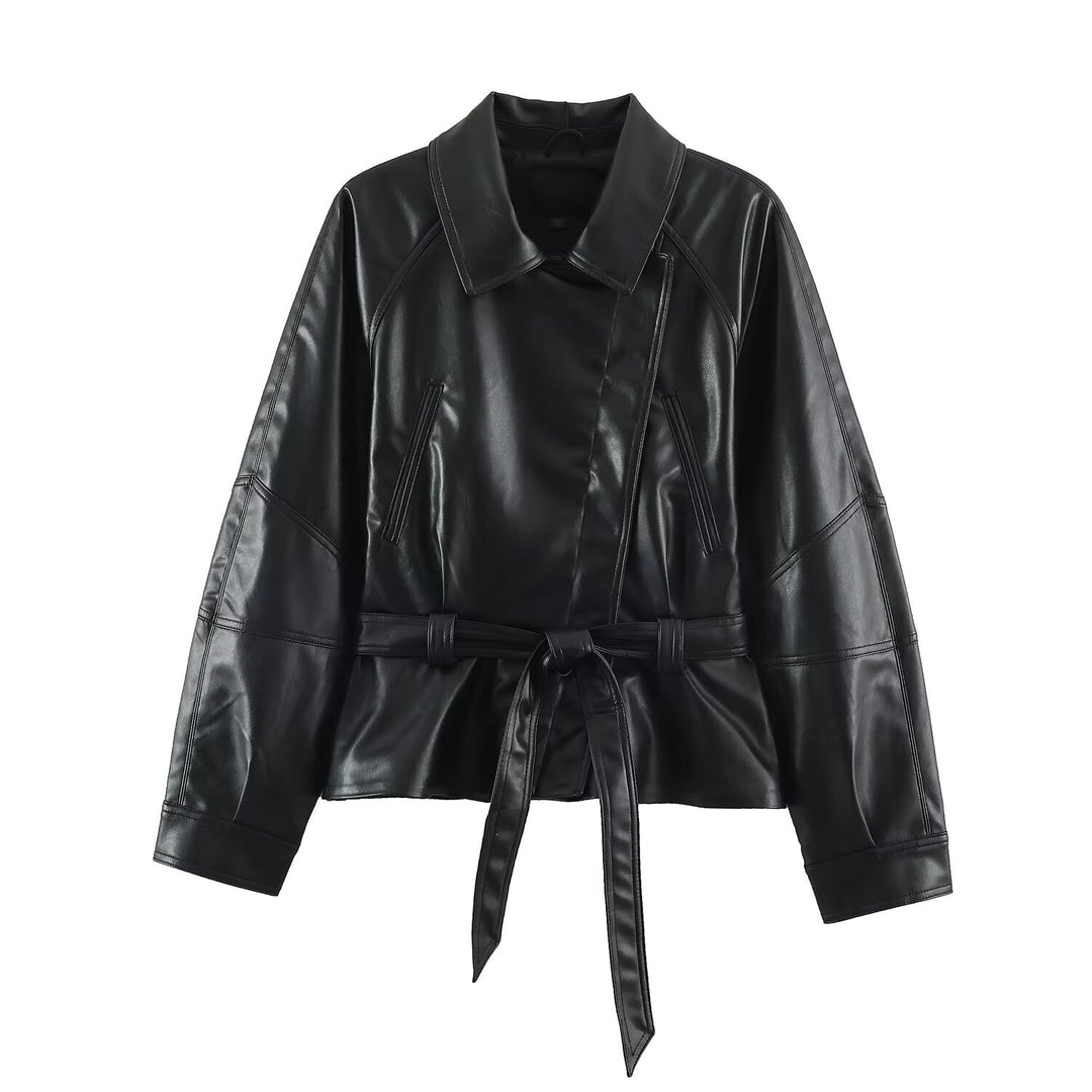 Damen Kurzjacke aus Lederimitat mit Taillengürtel und Oversize-Ärmeln Echoarchiv