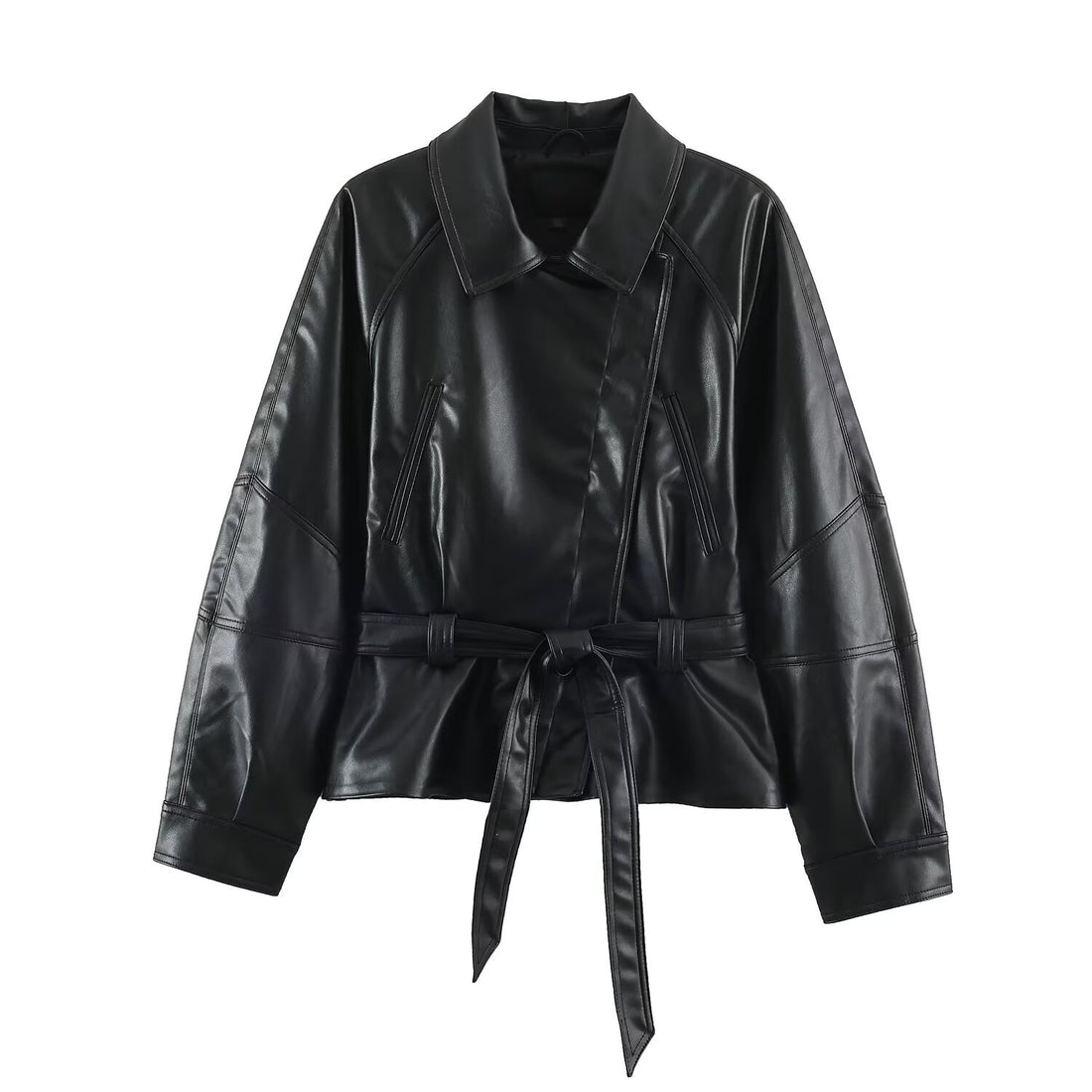 Damen Kurzjacke aus Lederimitat mit Taillengürtel und Oversize-Ärmeln Echoarchiv