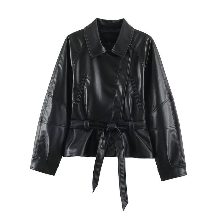 Damen Kurzjacke aus Lederimitat mit Taillengürtel und Oversize-Ärmeln Echoarchiv
