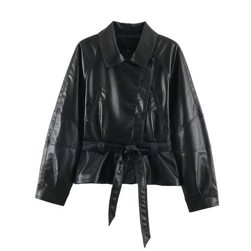 Damen Kurzjacke aus Lederimitat mit Taillengürtel und Oversize-Ärmeln Echoarchiv