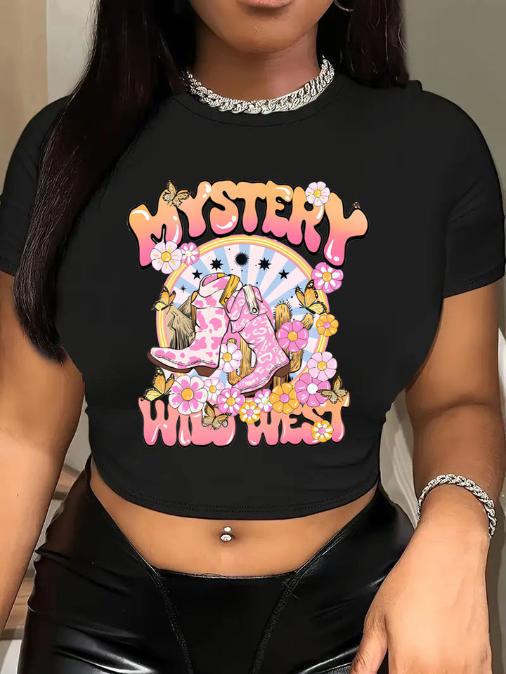 Damen Crop-T-Shirt mit kreativem Motiv und figurbetontem Schnitt Echo Archiv
