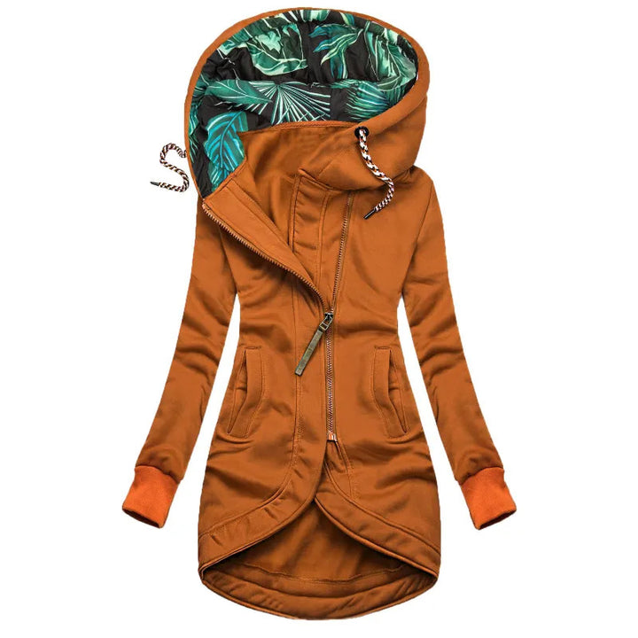 Damen asymmetrische Parka mit gefütterter tropischer Druckkapuze – Célinea