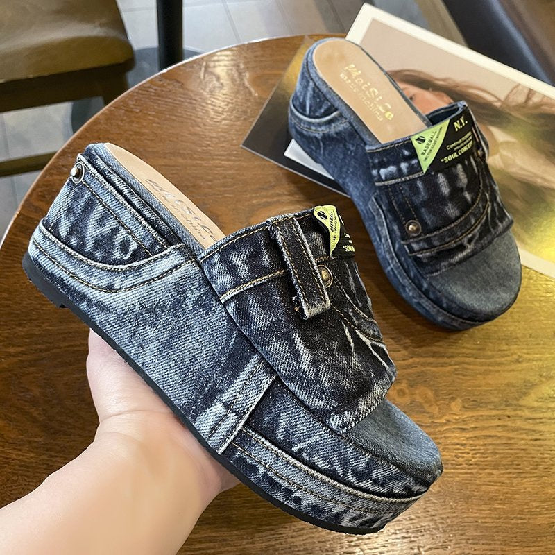 Damen nan Denim-Optik Plateau-Pantolette mit offener Zehenpartie und gepolstertem Fußbett Echo Archiv