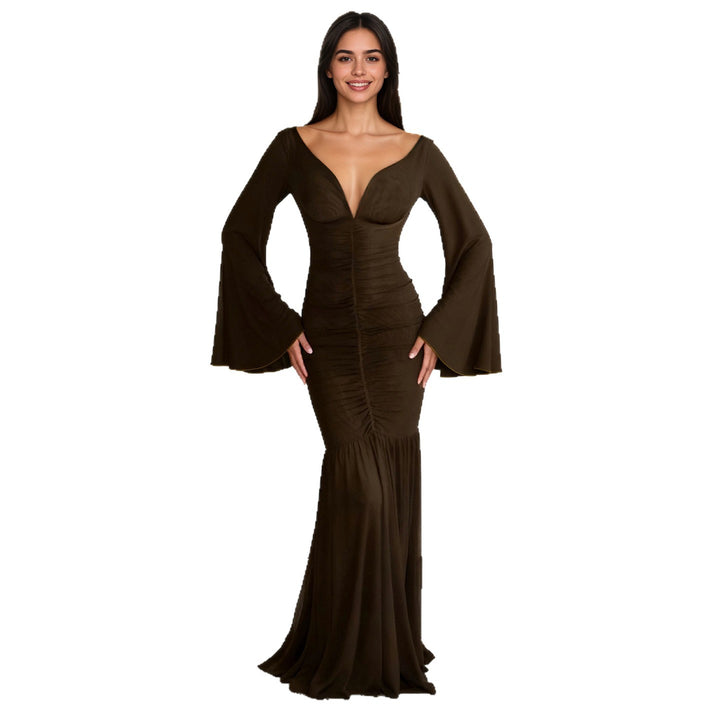 Damen nan gerafftes Maxikleid mit V-Ausschnitt, Trompetenärmeln und Stufenrüsche Echo Archiv