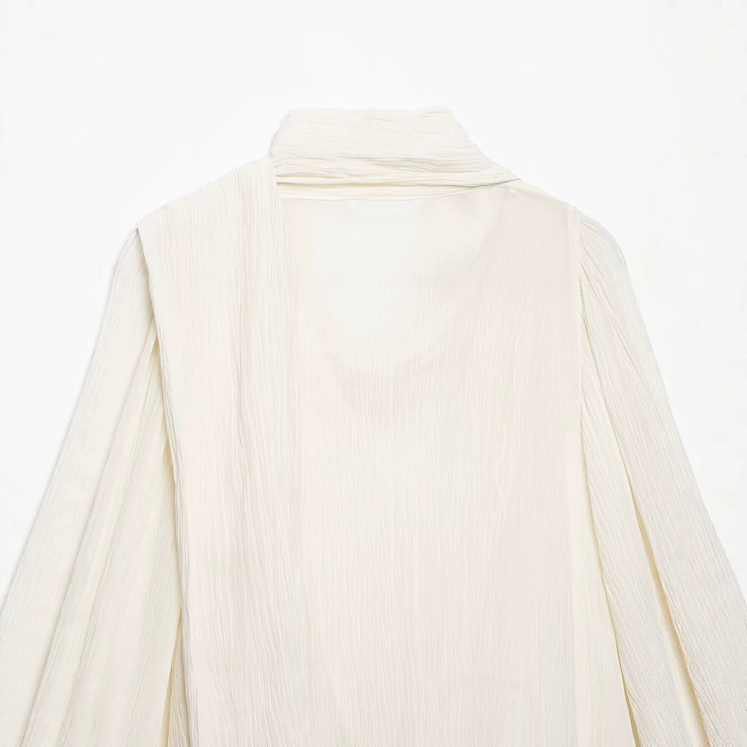 Damen Plissierte Oversize-Bluse mit Schlauchkragen und dekorativem Bindeschal Echoarchiv