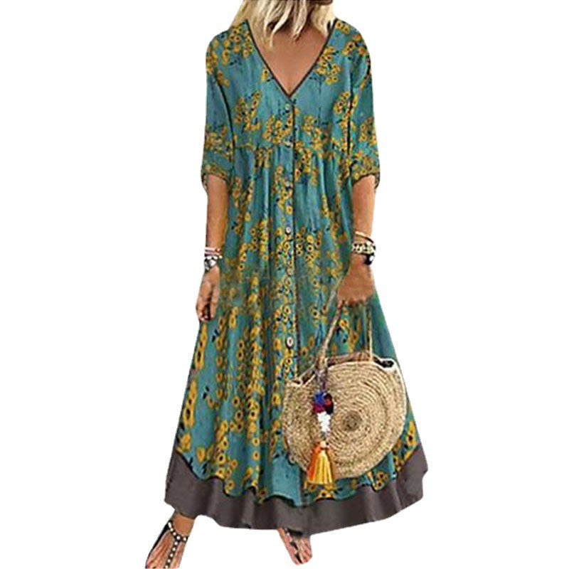 Damen Maxikleid im Boho‑Stil mit V‑Ausschnitt, durchgehender Knopfleiste und Stufenrock – Valéora