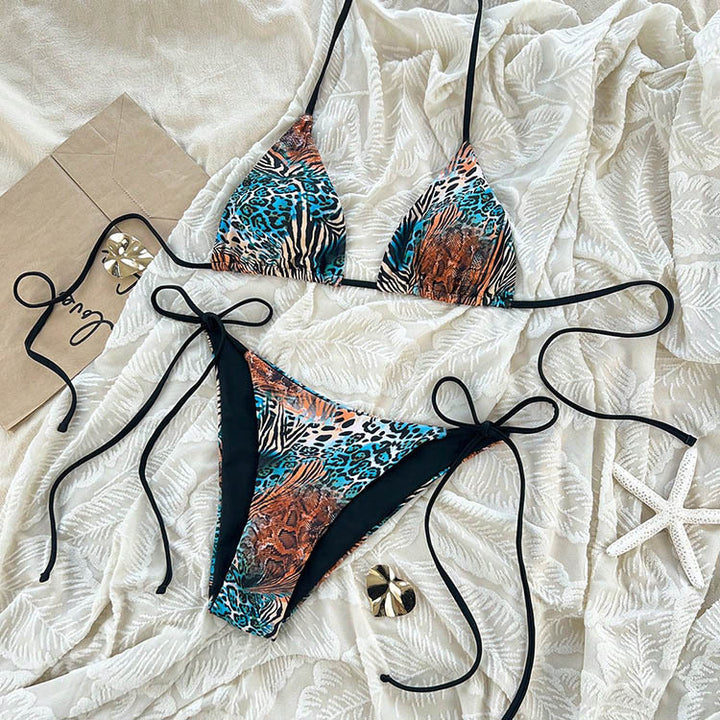 Damen Triangel-Bikini-Set mit verstellbaren Bindebändern und animalischem Design Echo Archiv