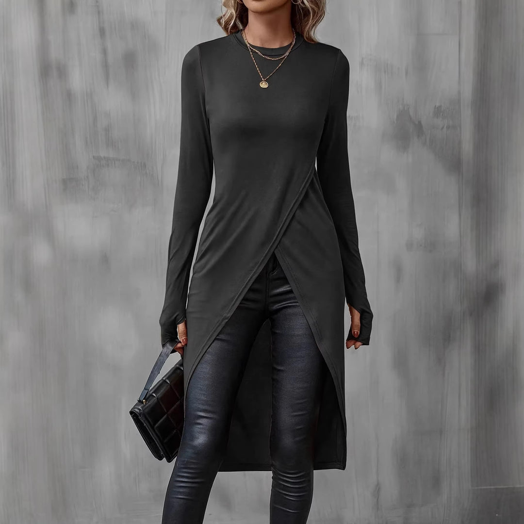 Damen Langes asymmetrisches Wickel-Tunika-Top mit Frontschlitz – Avérine
