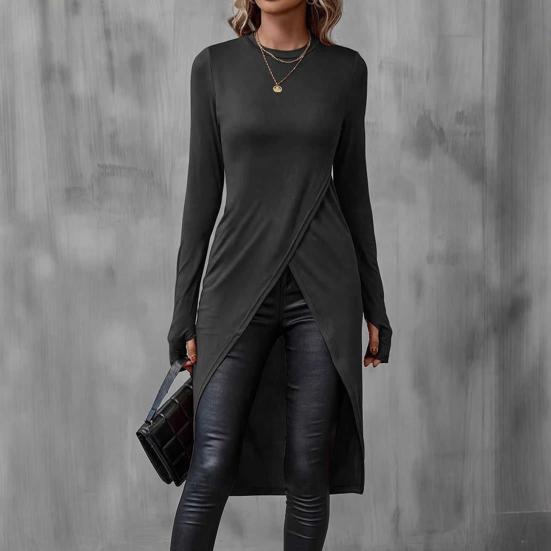 Damen Langes asymmetrisches Wickel-Tunika-Top mit Frontschlitz – Avérine