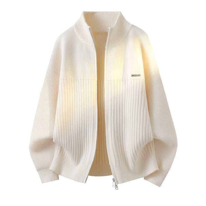 Unisex Oversize Strick-Cardigan mit Stehkragen, durchgehendem Reißverschluss & Struktur-Rippstrick Echoarchiv