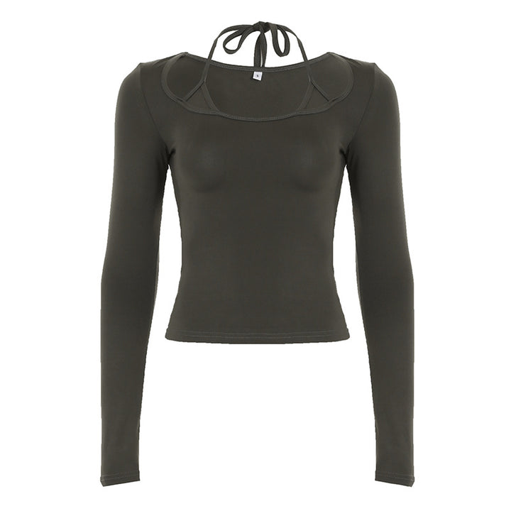 Damen nan figurbetontes Langarm-Top mit Neckholder-Bindung und eckigem Ausschnitt Echo Archiv