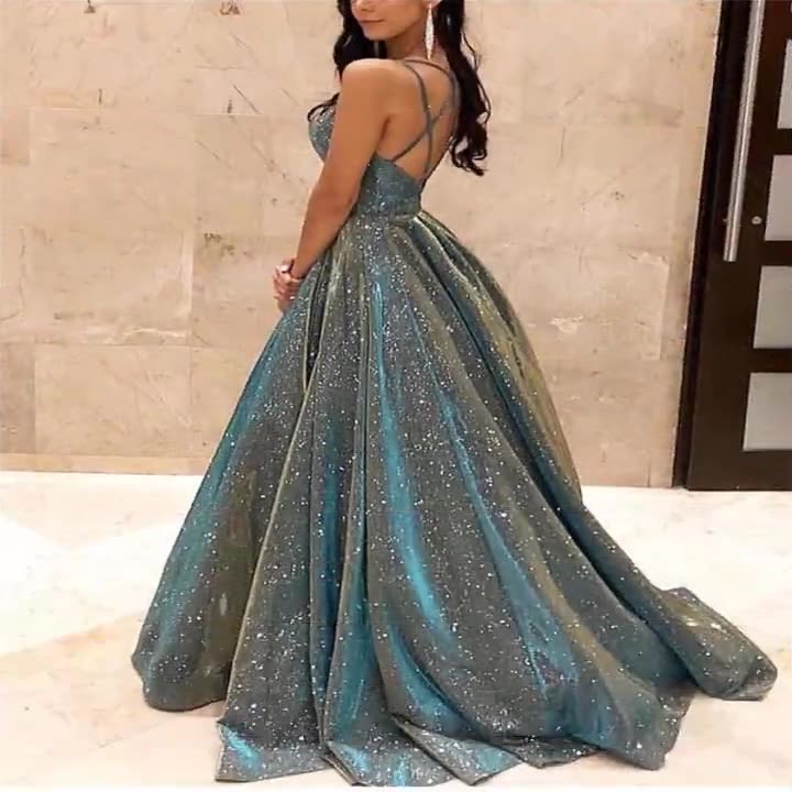 Echoarchiv | Damen Spaghettiträger V-Ausschnitt A-Linie Glitzer Maxikleid