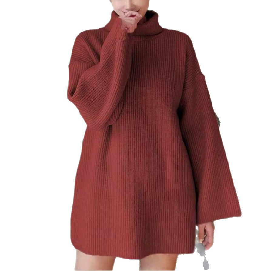 Damen Oversized geripptes Rollkragen‑Strickkleid mit Glockenärmeln – Mavelle