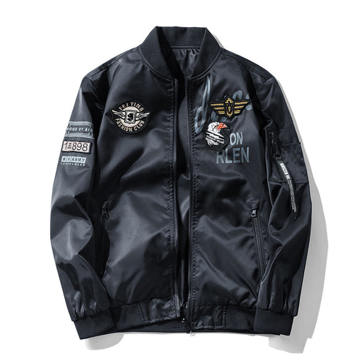 Men's satin aviator patch bomber jacket with embroidered badges zip sleeve pocket and ribbed trims – Brevano