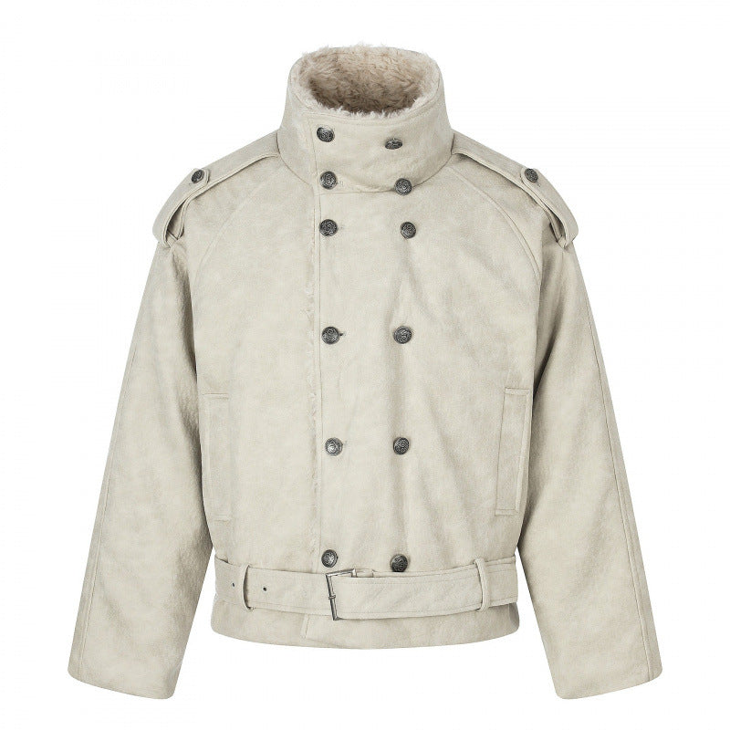 Herren Kurz geschnittene doppelt geknöpfte Aviator‑Jacke mit Teddyfutter, Stehkragen und Taillengürtel Echo Archiv