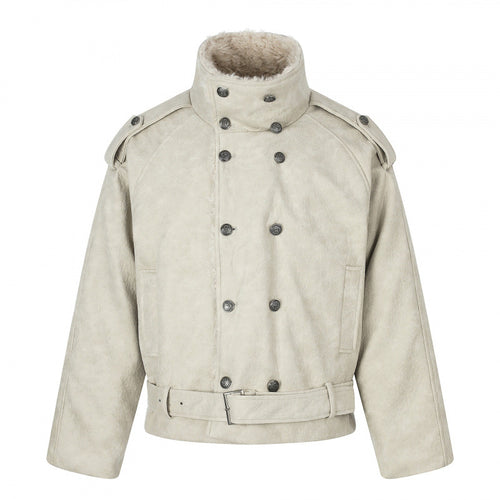 Herren Kurz geschnittene doppelt geknöpfte Aviator‑Jacke mit Teddyfutter, Stehkragen und Taillengürtel Echo Archiv