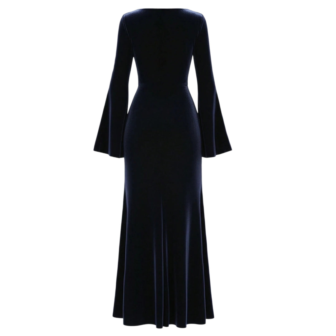 Damen Samt-Abendkleid mit Wasserfall-Ausschnitt, taillierter Silhouette und ausgestellten Trompetenärmeln Echoarchiv