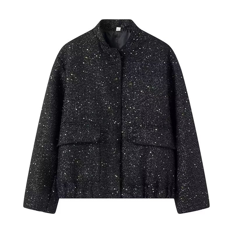 Damen nan strukturierte Boucléjacke mit Stehkragen, aufgesetzten Taschen und elastischem Saum Echo Archiv