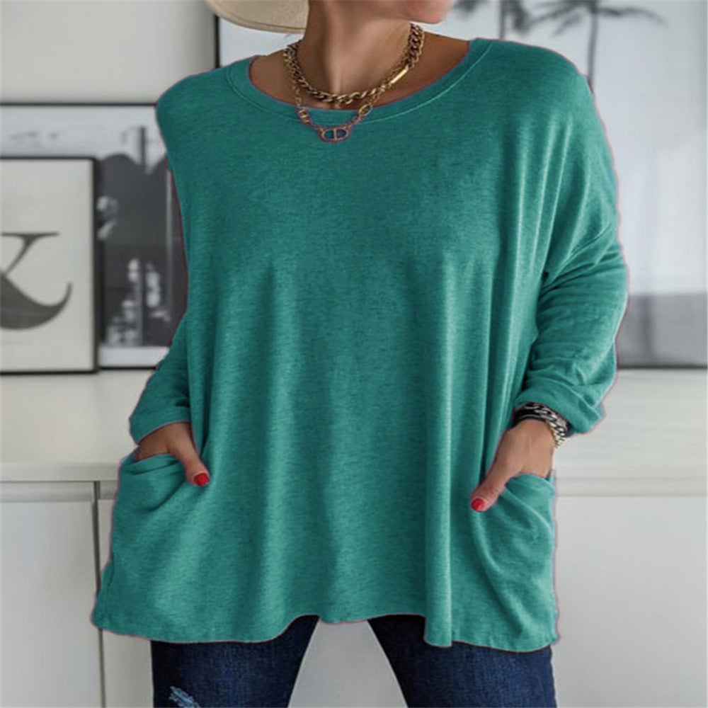 Damen nan oversized Longsleeve-Tunika mit Rundhalsausschnitt, überschnittener Schulter und aufgesetzten Taschen Echo Archiv