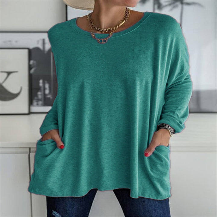 Damen nan oversized Longsleeve-Tunika mit Rundhalsausschnitt, überschnittener Schulter und aufgesetzten Taschen Echo Archiv