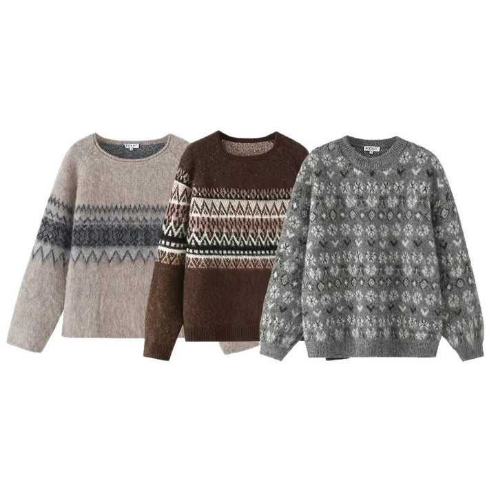 Damen Oversize Mohair-Mix Pullover mit Rundhals und Fair-Isle-Muster Echo Archiv