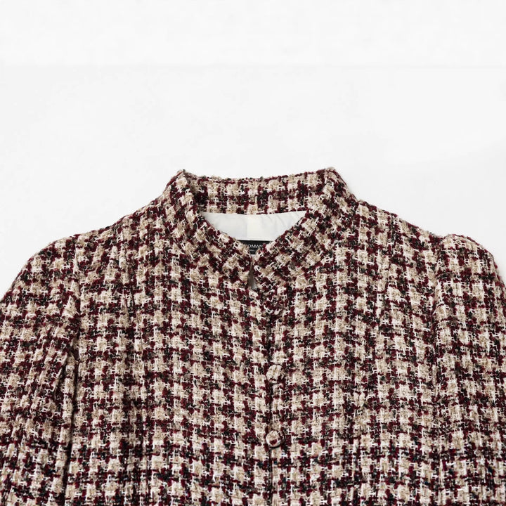 Damen kurz geschnittene Bouclé-Tweedjacke mit stehendem Kragen, verdeckter Knopfleiste und weichen Kunstfellmanschetten – Célinea