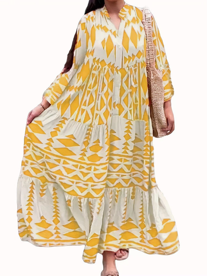 Damen Lockeres Maxikleid im Boho‑Stil mit grafischem Print, V‑Ausschnitt und Knopfleiste Echo Archiv