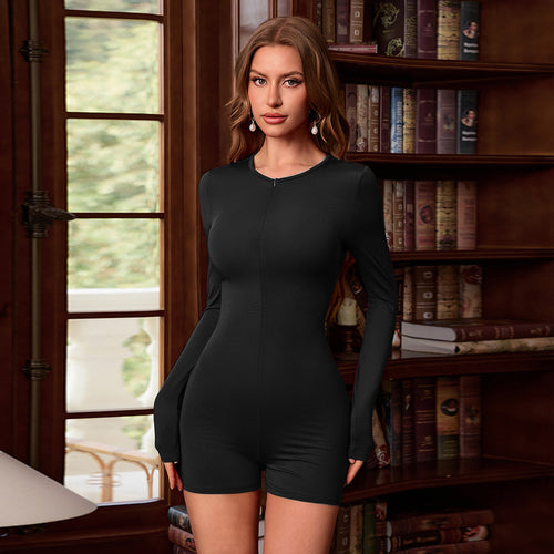 Damen Figurbetonter Langarm-Bodyplaysuit mit Frontreißverschluss und kurzer Shorts-Silhouette – Solévia