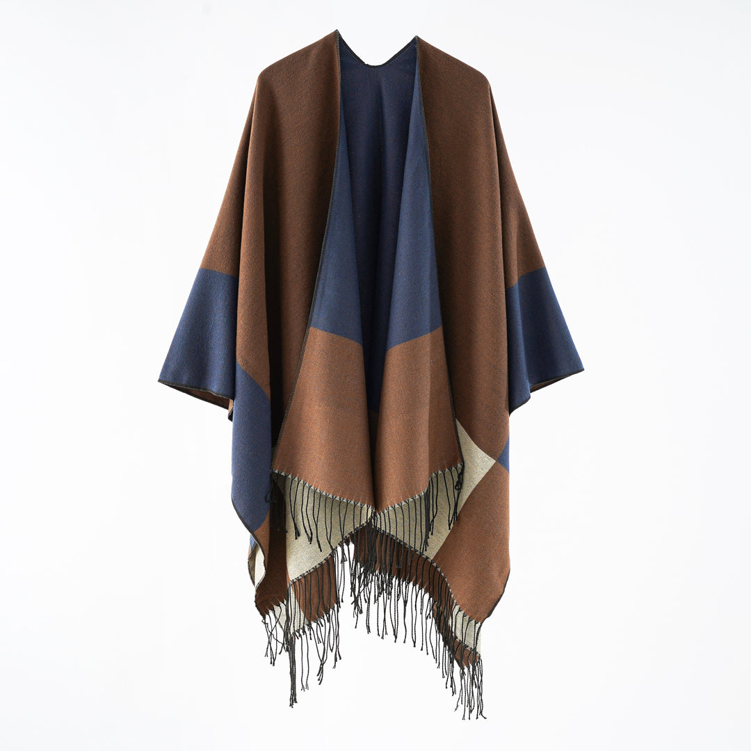 Damen eleganter Wollmix-Capeponcho mit grafischem Blockmuster und Fransen – Avérine