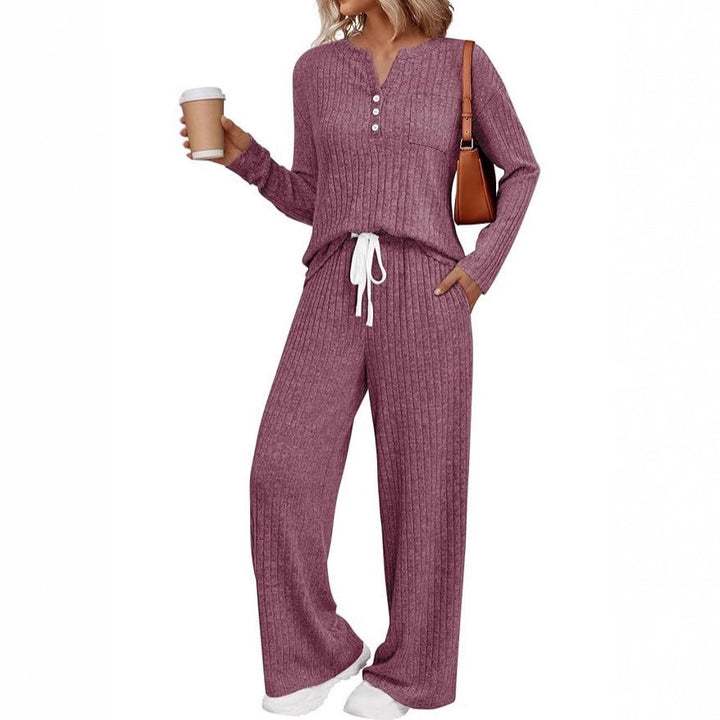 Damen Rippstrick-Lounge-Set mit Knopfleiste und weitem Kordelbund-Hose – Mavelle