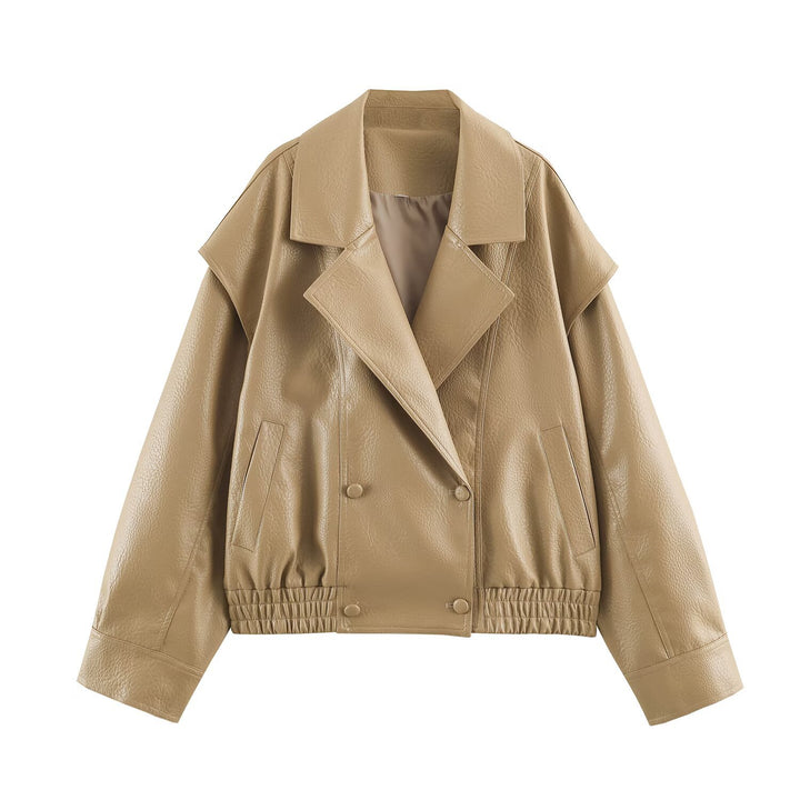 Damen Oversize Kunstlederjacke mit Doppelreihe, weitem Revers und elastischem Saum Echoarchiv
