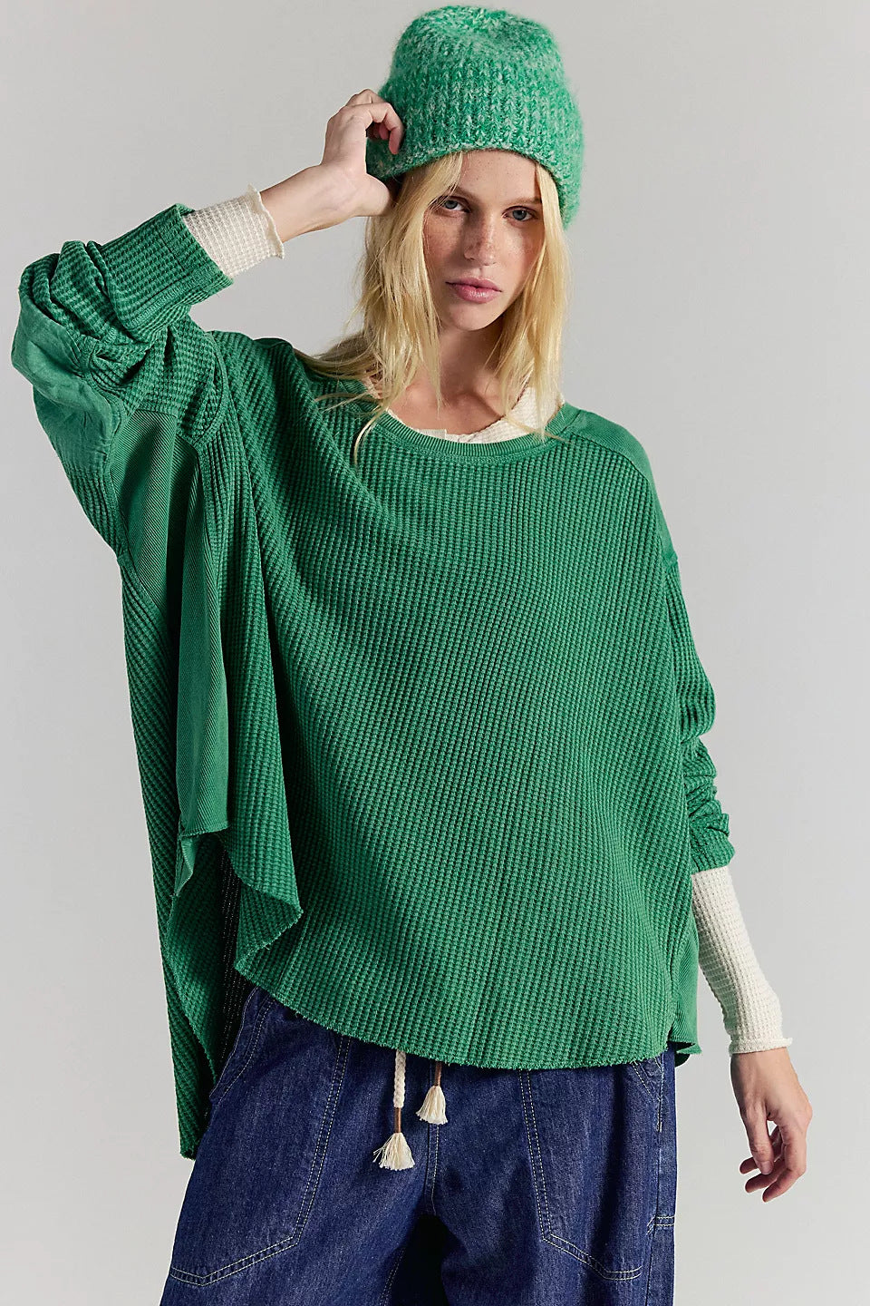 Damen Oversized Waffelstrick-Pullover mit weitem Schnitt und tiefem Raglan – Mavelle