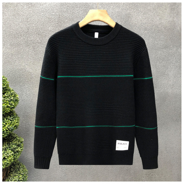 Unisex Strukturierter Waffelstrick-Pullover mit feinen Kontraststreifen Echoarchiv