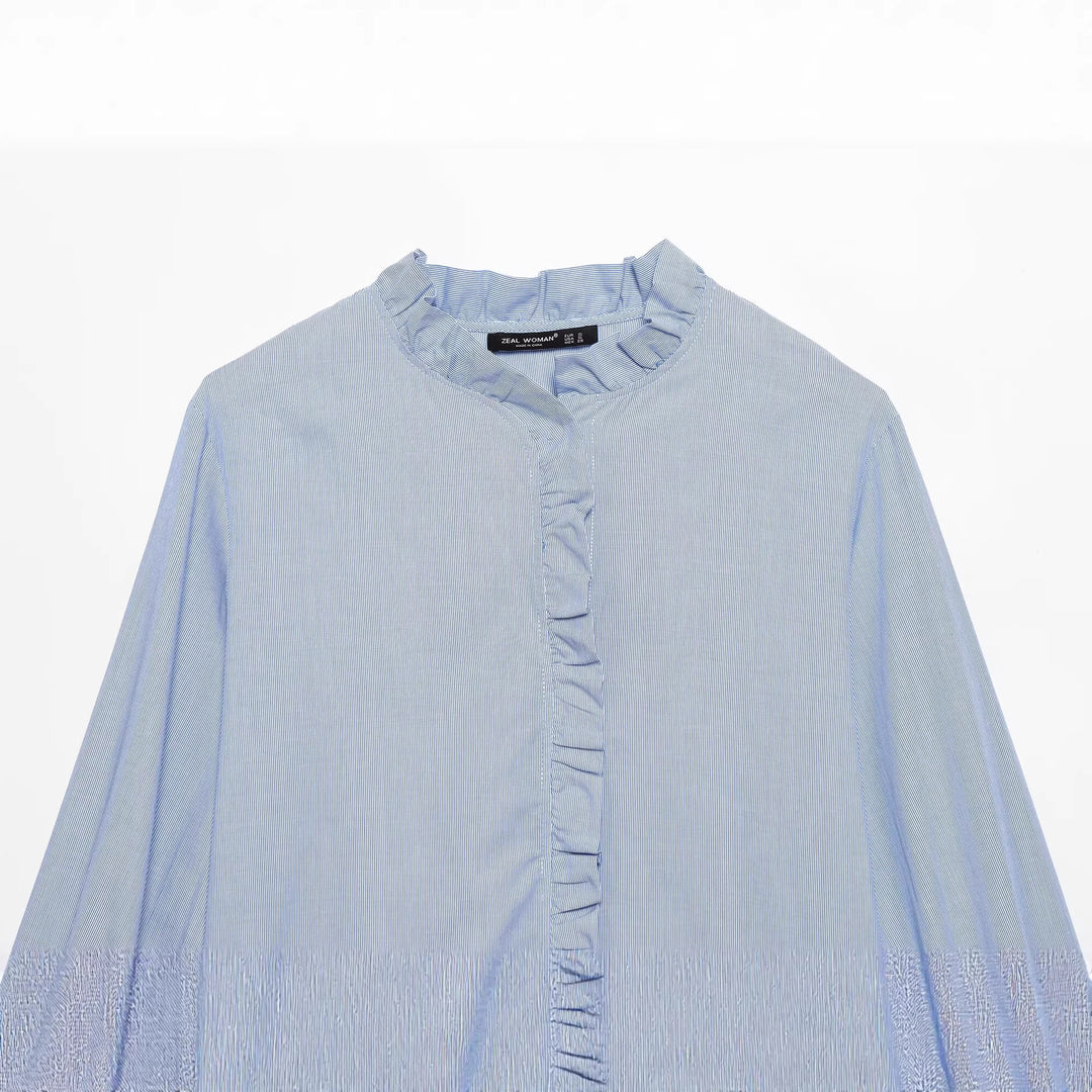 Damen Gestreifte Cropped-Bluse mit Rüschendetail und Ballonärmeln Echoarchiv