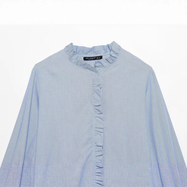 Damen Gestreifte Cropped-Bluse mit Rüschendetail und Ballonärmeln Echoarchiv