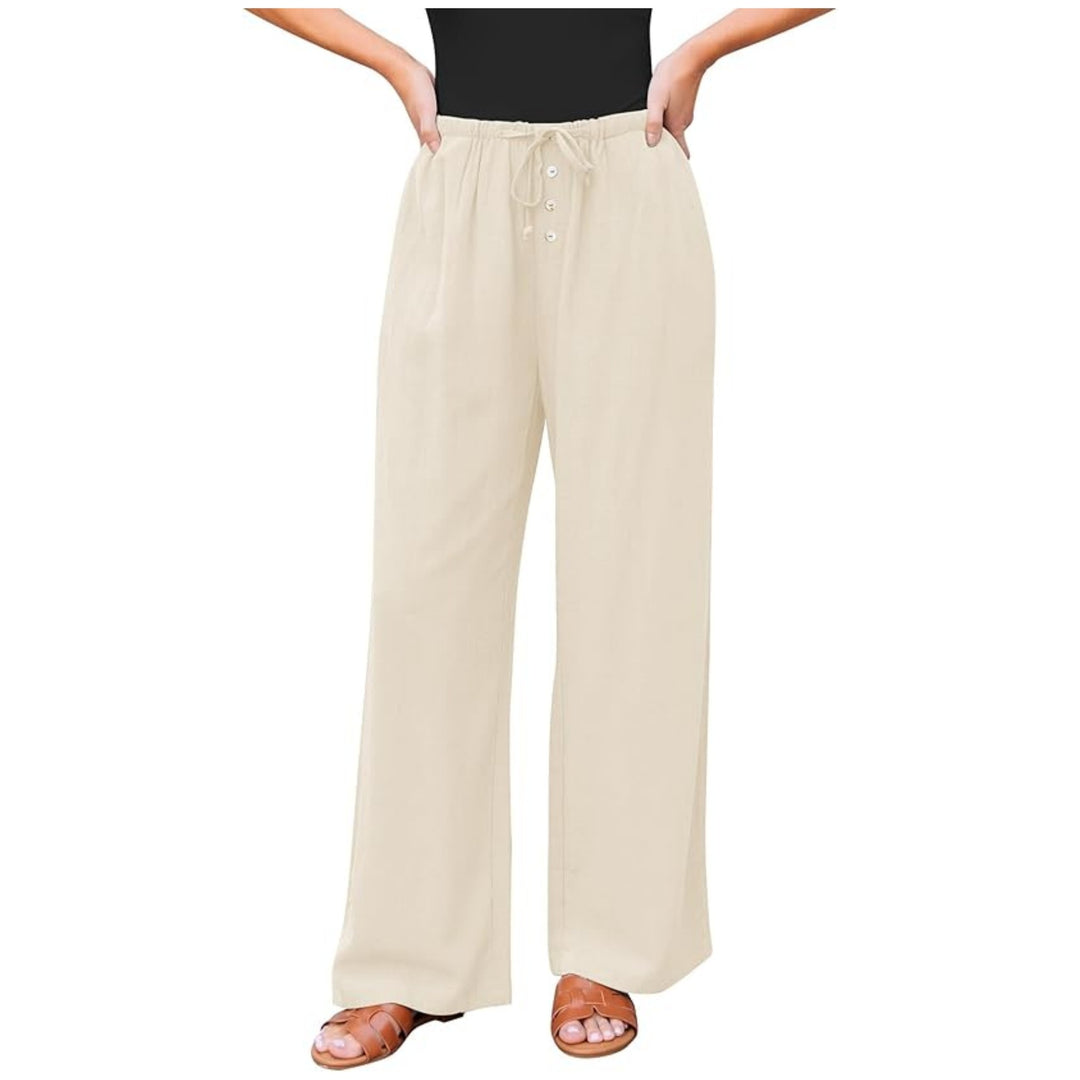 Damen weite Leinenhose mit elastischem Bund, Kordelzug und Knopfleiste Echo Archiv