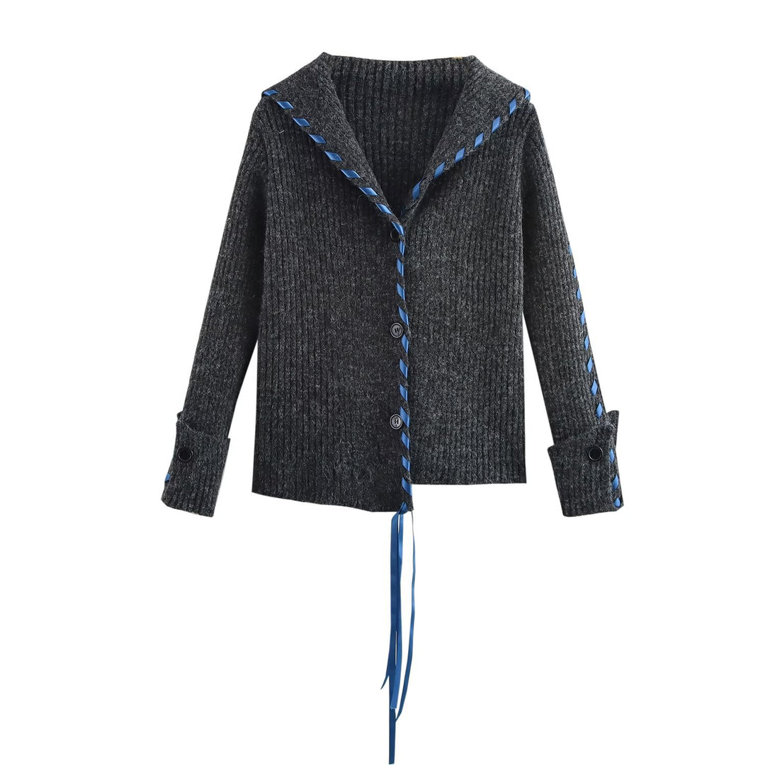 Damen Gerippte Strickjacke mit Matrosenkragen, Zierband‑Schnürung und Knopfleiste Echo Archiv