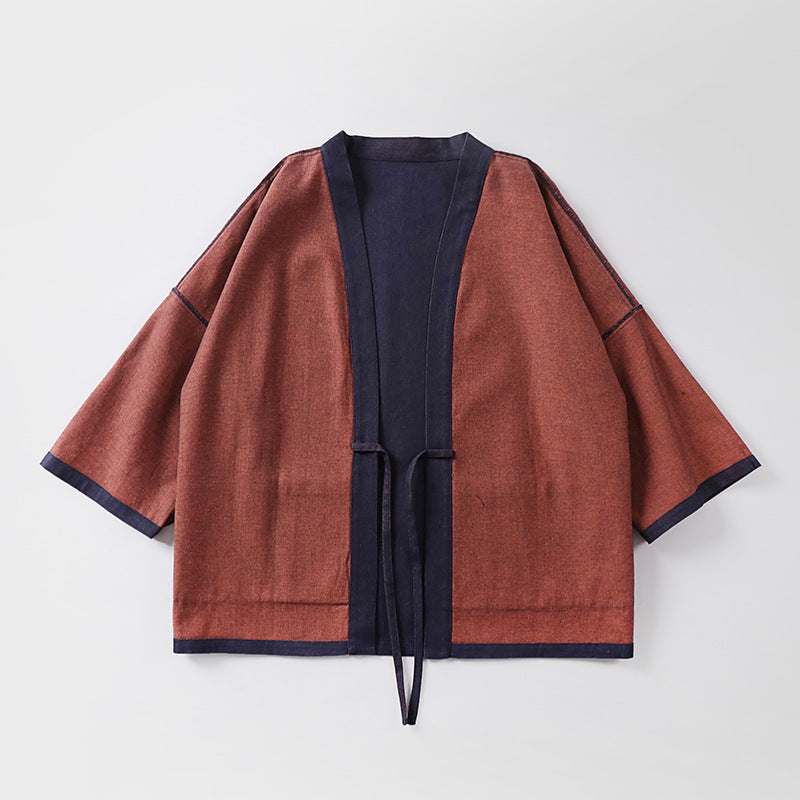 Unisex weit geschnittene Kimono-Jacke aus Baumwoll-Denim mit Bindeband und großen Aufgesetzten Taschen Echoarchiv