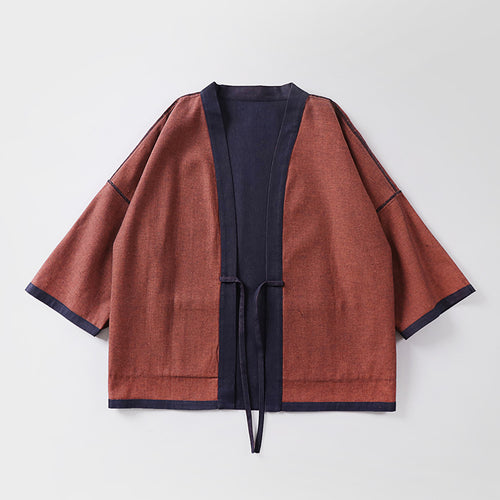 Unisex weit geschnittene Kimono-Jacke aus Baumwoll-Denim mit Bindeband und großen Aufgesetzten Taschen Echoarchiv