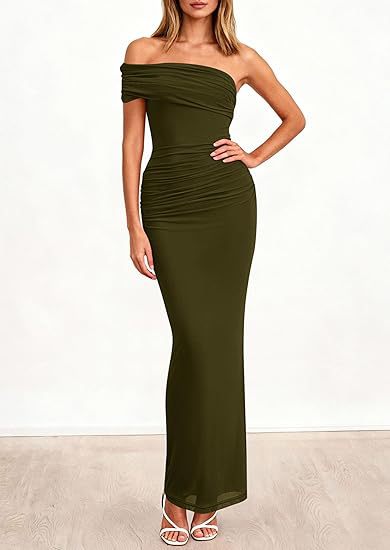 Damen Elegantes Maxi-Kleid mit schulterfreiem Design und raffinierten Drapierungen Echo Archiv