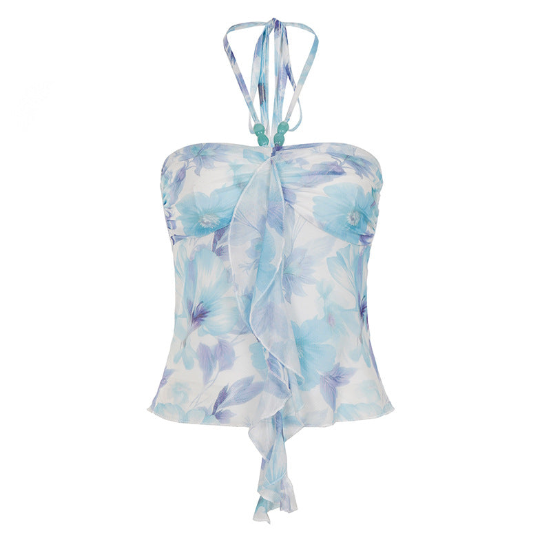 Damen Neckholder-Bluse mit floralem Design und raffiniertem Lockenabschluss Echo Archiv