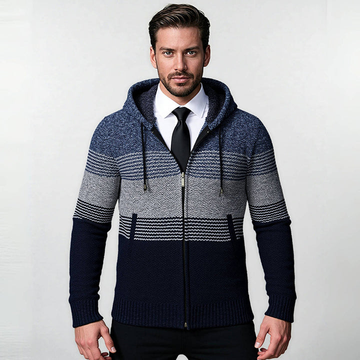 Herren Kapuzen-Strickzipjacke mit farbverlaufendem Blockstreifenmuster und thermischer Struktur Echo Archiv