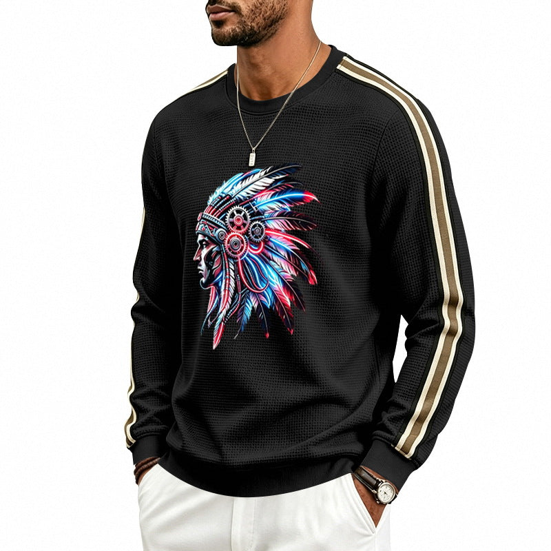 Herren Sweatshirt mit Federkopfschmuck-Print, Waffelstruktur und kontrastierenden Schulterstreifen – Norvane
