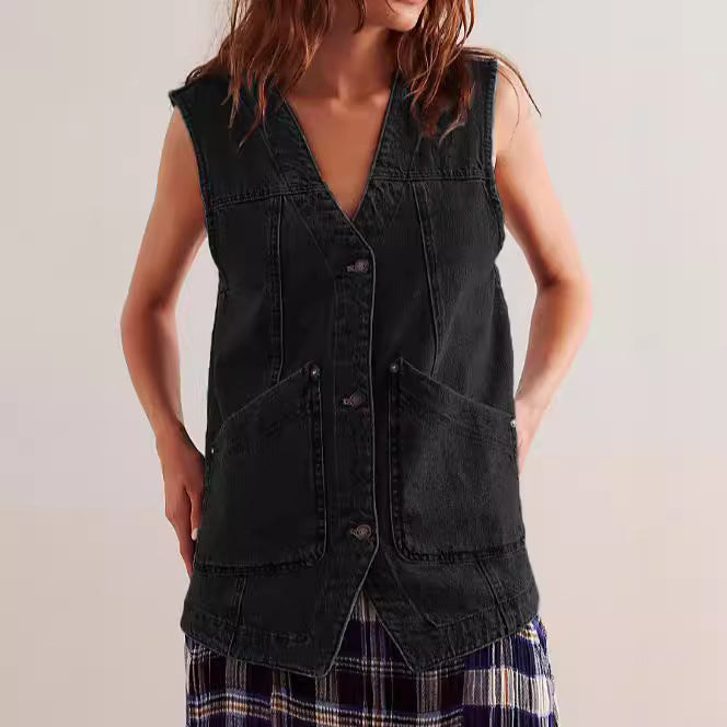 Damen Denim-Latzjacke mit praktischen Taschen und modischem V-Ausschnitt Echo Archiv
