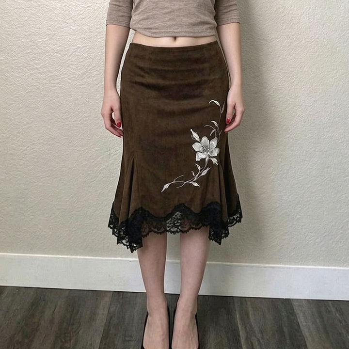 Damen Midirock aus Velourslederimitat mit floraler Stickerei und Spitzenbesatz – Élara